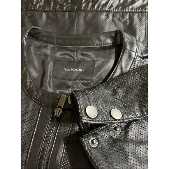 Tahari Black Perforated Lambs Leather Moto Jacket Large - Picture 4 of 5